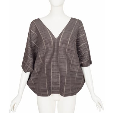 Pleats Please by Issey Miyake Sculptural Gray Pleated V-Neck Short Sleeve Top 