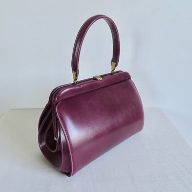 Vintage 1950's Burgundy OxBlood Leather Structured Purse Top Handle Rockabilly 50's Handbags Saks Fifth Avenue 