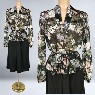 VINTAGE 70s Sheer Black Floral Peplum Dress L/XL | 1970s See Through Lace Sleeve Secretary Dress | Plus Size Volup | vfg 