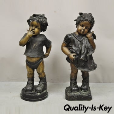 Cast Bronze Victorian Style 29" Little Boy and Girl Statue Figure - a Pair