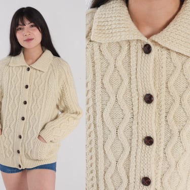Cream Wool Cardigan 80s Button Up Cable Knit Sweater Retro Chunky Fisherman Sweater Boho Grandpa Pockets Cableknit Vintage 1980s Medium M 