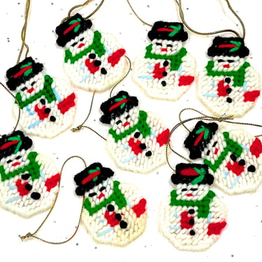 VINTAGE: 9 Cross Stitch Snowman Shapes Ornaments - Feather Tree Ornaments - Handmade Bells - SKU 15-F2-00007116 