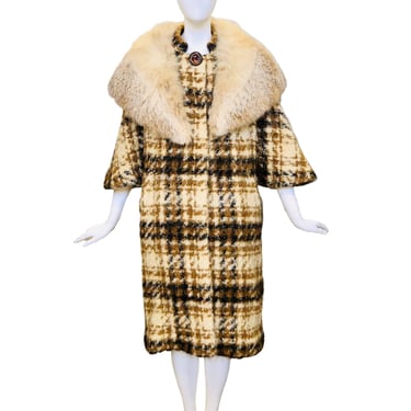 1960's William Silva Wool Bouclé Plaid Check Coat w/Detachable Fox Fur Collar