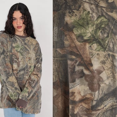 Camo Hunting Shirt 90s Realtree Advantage Timber Camouflage T-Shirt Long Sleeve Leaf Print Military Ringer Tee Vintage 1990s Mens 3x 3xl 