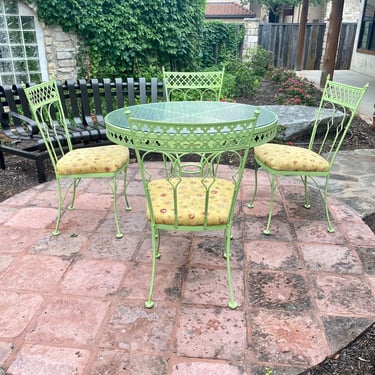 Mid Century Iron and Glass Top Breakfast Table and Chairs, Painted Green, Clover Quatrefoil Cut-Out Accents 