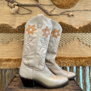 ACME Vintage 70s Cowgirl Boots | Western Leather Flower Inlay Design | 1970s Cowgirl | Festival | Womens Size 7.5 