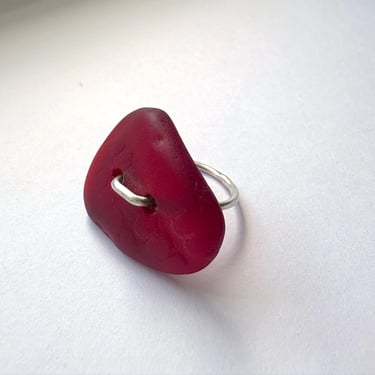 Sea Glass Ring in Sterling Silver Handmade Statement Curved Ring Red Glass 