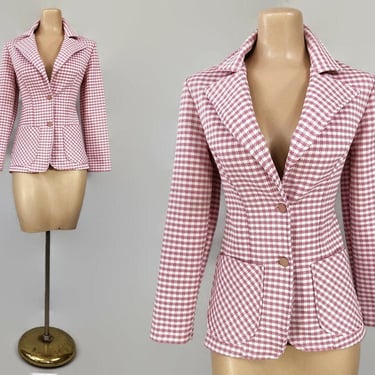 VINTAGE 70s Pink Houndstooth Fitted Jacket or Blazer by JCPenney Fashions Sz 10 | 1970s Butterfly Collar Leisure Suit Jacket | vfg 