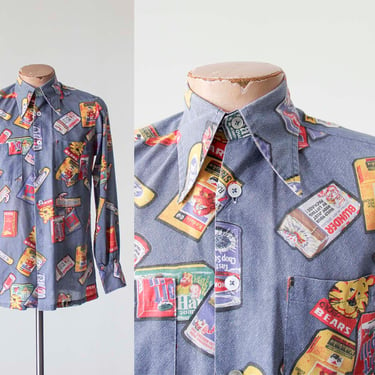 Vintage 1970s All Over Print Button Down / 70s All Over Print Button Up / Vintage Snacks Blouse / Candy Print Button Down / Bustedfinger 