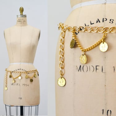 80s 90s Vintage Gold Chain Coin Belt Gold Metallic Pirate Gypsy Selena Belt Gold Chain Charm Belt size SMALL Medium 80s Glam Charm Belt 