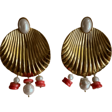 Coral and Pearl Gold Shell Earrings