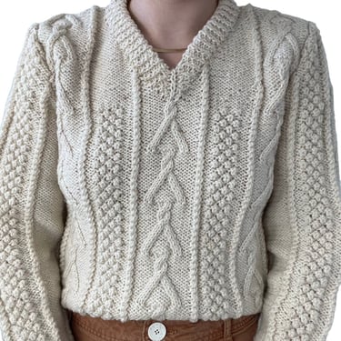 Vintage Womens Hand Knit White Cream Wool Chunky Fisherman Irish Sweater Sz S 