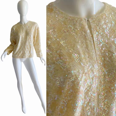 60s Gold Beaded Cardigan / Vintage Sequin Party Sweater / 1960s Mod Medium Jacket 