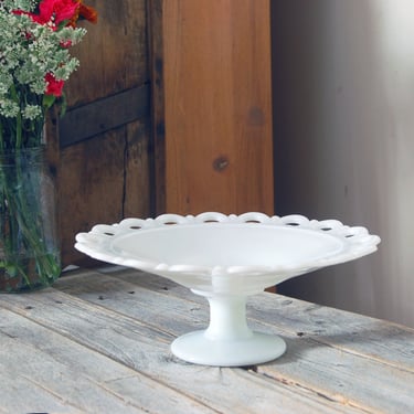 Vintage milk glass compote pedestal plate / Anchor Hocking lace edge candy dish / shabby chic / milk glass footed dish / serving bowl 