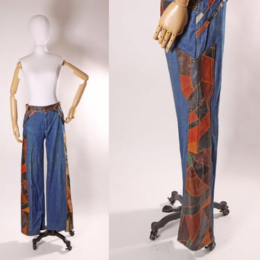 1970s Blue Denim and Multi-Colored Leather Patchwork Flared Leg Boho Hippie Jeans by Aura -M 