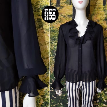 Fabulous Vintage 70s Black Long Sleeve Blouse with Ruffle Collar and Cuffs 