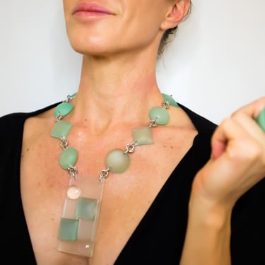 SeaGlass Geometric Necklace – Aqua & Clear Lucite Statement Piece, Mediterranean-Inspired Resin Jewelry by Chofa x CB 