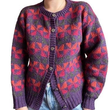 Vintage 90s Womens Alps Pink Geometric Retro 100% Shetland Wool Cardigan Sz L 