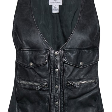 Charlotte Ronson - Faded Black Leather Button-Up Utility-Style Vest Sz 6