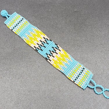 Seed Bead Bracelet Weaved Blue White Yellow Green Black 7