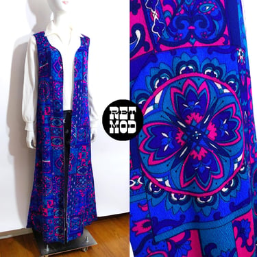 Groovy Vintage 60s 70s Vibrant Blue Purple Pink Psychedelic Pucci-Style Patterned Long Statement Vest 