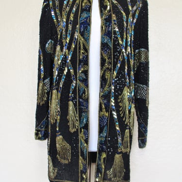Sequin Jacket, Vintage 1980s Brilliante Sequin Coat, Large Women, Black Silk, Multicolor Sequins Beads 