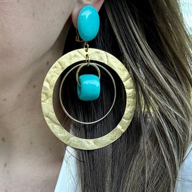 Limited Edition French Designer Turquoise Brushed Gold Hoop Clip On Earrings