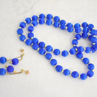 1960s Blue Bead Demi Parure with Necklace and Pierced Earrings 