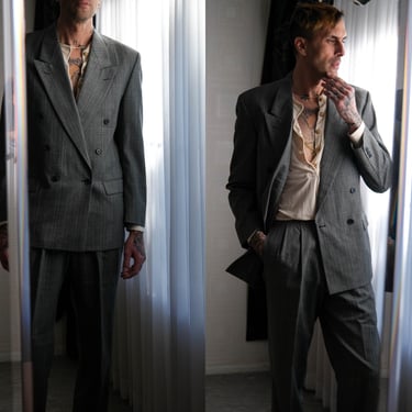 Vintage 80s Yves Saint Laurent Gray Shadow Plaid Gabardine Double Breasted Suit | Made in France | 1980s YSL Designer Tailored Mens Suit 