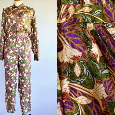 1980s Diane Von Furstenberg Art Nouveau Rayon Jumpsuit - Vintage Button Down Floral Pantsuit - Size 6 