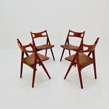 Danish teak with leather seats dining chairs by Hans Wegner for Carl Hansen & Son, 1960s, set of 4 