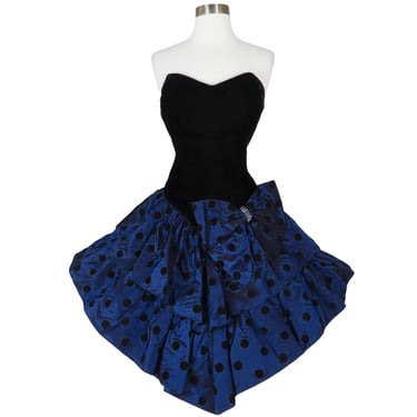 Vintage 80s Navy Blue Strapless Black Velvet Polka Dot Tiered Full Skirt Cocktail Party Prom Dress M Medium Dark Best Costume HoCo Short 