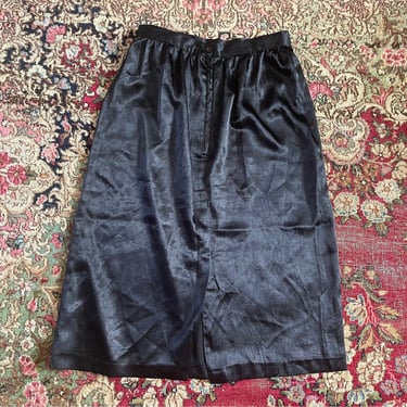 Vintage late ‘70s early ‘80s black soft satin skirt, black, below the knee, high waisted, XS 