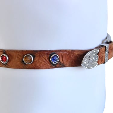 1940s/50s Jewel Studded Tooled Leather Belt - 50s Leather Belt - 40s Leather Belt - Vintage Leather Belt - 50s Studded Belt - Womens Belt 