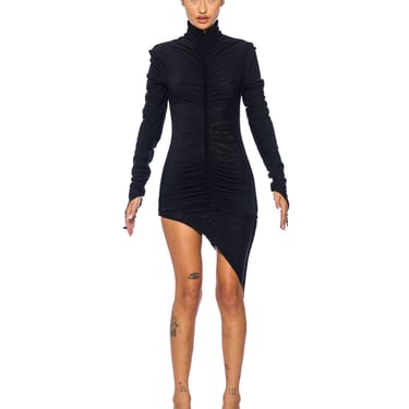 SHIRRED TURTLENECK DRESS IN BLACK MESH