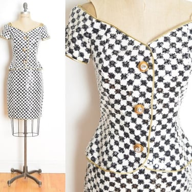 vintage 80s skirt set off shoulder top shirt outfit checkerboard print sequin S clothing 