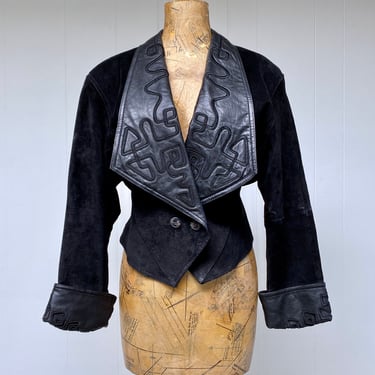 Vintage 1980s 1990s Black Suede and Leather Embroidered Jacket, 80s/90s New Wave Cropped Bomber Style Coat, Medium 