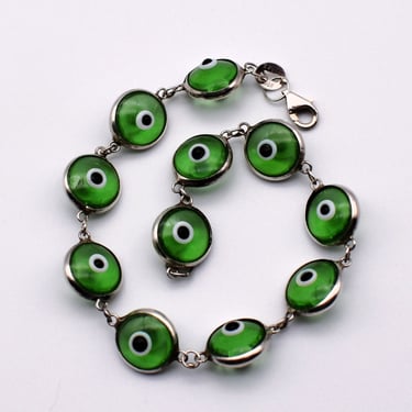 80's Malocchio eye of god green glass sterling arcana bracelet, 925 silver hand blown evil eye stacker 