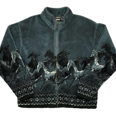 Vintage 90s Outback Trading Co All Over Print Wild Running Horses Full Zip Nature Fleece Jacket Size Large/XL 