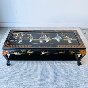 Oriental Black Lacquer Coffee Table with Raised Figurines, Gilt Inlay and Hand Painted Details - Chinese Chinoiserie Asian Style Furniture 