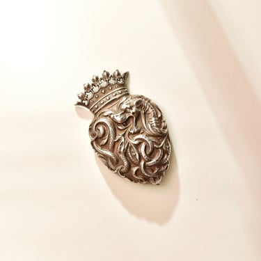 Sterling Silver Heraldic Shield Brooch Pin, Crown Crest, Serpent Dragon Coat Of Arms, Vintage Family Crest, 60mm 