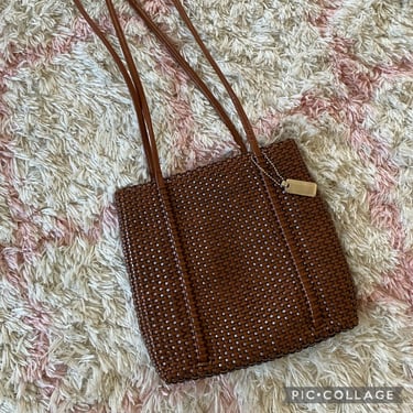 Vintage 90s Brown Woven Faux Leather Shoulder Bag 