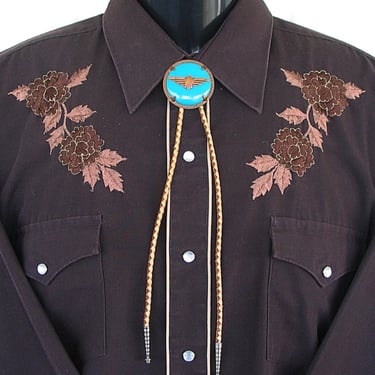 Bolo Tie for Western Shirts, Cowboy Western Tie, String Tie, Native American Style, Braided Leather with Faux Turquoise &amp; Thunderbird 
