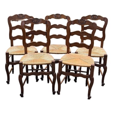 Antique Turn of the Century French Country Oak Dining Chairs - Set of 5 