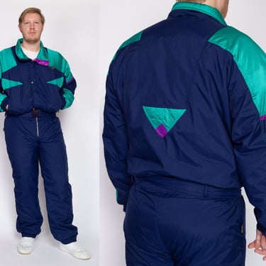 XL 90s Edelweiss Color Block Ski Suit | Vintage Snowsuit Blue Teal Winter Outerwear Jumpsuit One Piece Snow Gear 