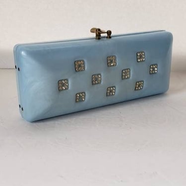 1950s Blue Lucite Clutch Bag Evening Party Purse with Rhinestones / 50s Rectangular Handbag Mod Midcentury /Gilberte 