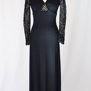 1970s Mr. Boots Gown | S | Vintage 70s Black Gown with Crochet Sleeves and Cutout Bodice 