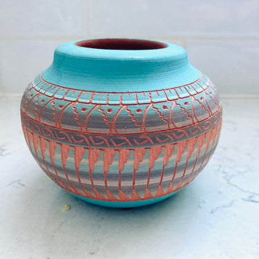 Vintage Signed Navajo C. Smith Etched Pottery Small Blue and Terra Cotta Vase by LeChalet