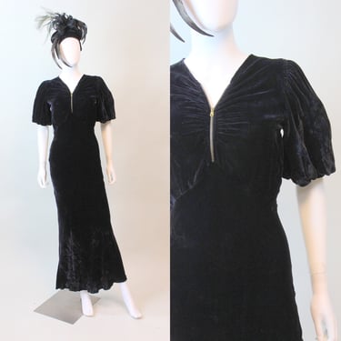 1930s ZIPPER front puff sleeves silk VELVET dress xs | new fall 