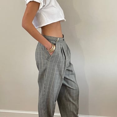 90s buckle pants / vintage high waisted adjustable buckle pleated houndstooth pants trousers | S M 